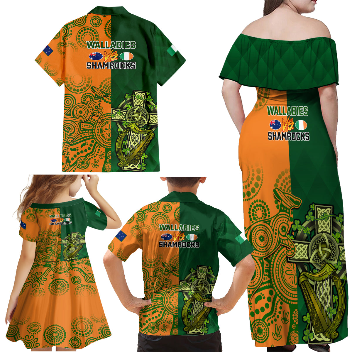 Australia And Ireland Rugby Family Matching Off Shoulder Maxi Dress and Hawaiian Shirt 2023 World Cup Walllabies With Shamrocks LT14