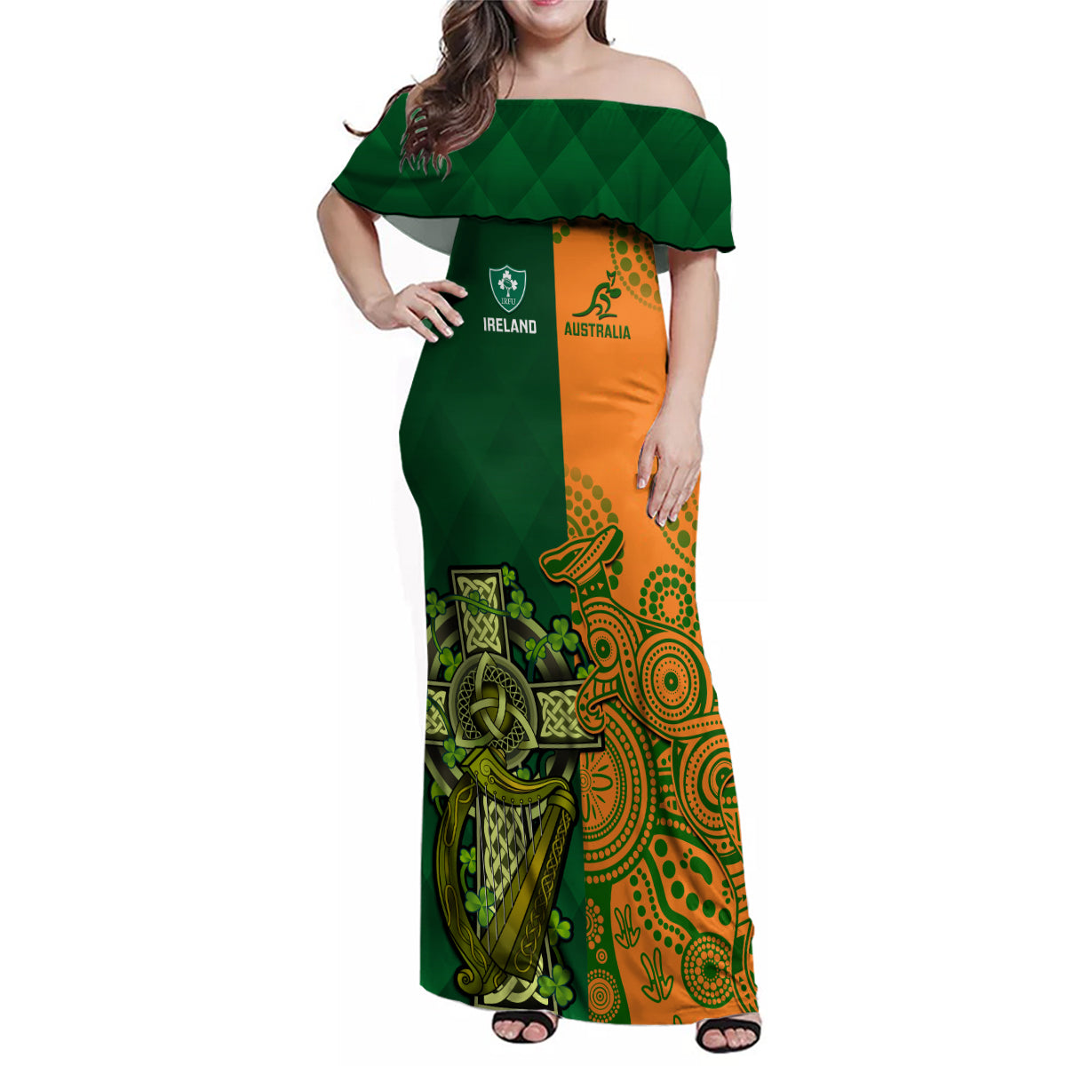 Australia And Ireland Rugby Family Matching Off Shoulder Maxi Dress and Hawaiian Shirt 2023 World Cup Walllabies With Shamrocks LT14