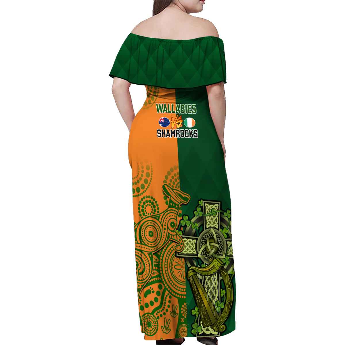 Australia And Ireland Rugby Family Matching Off Shoulder Maxi Dress and Hawaiian Shirt 2023 World Cup Walllabies With Shamrocks LT14