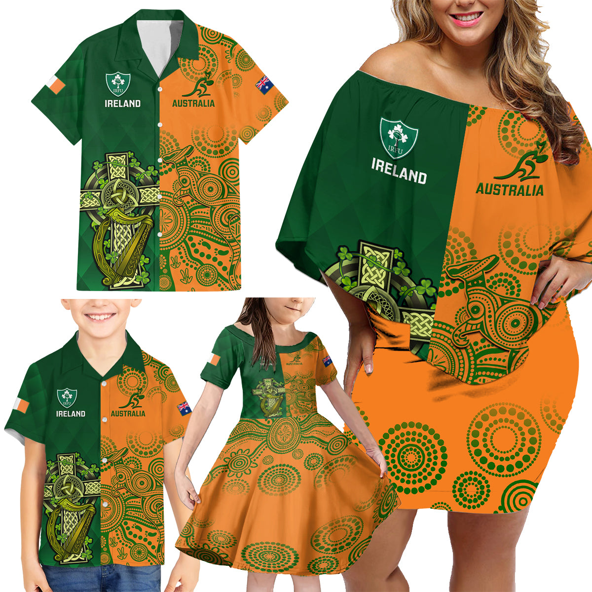 Australia And Ireland Rugby Family Matching Off Shoulder Short Dress and Hawaiian Shirt 2023 World Cup Walllabies With Shamrocks LT14