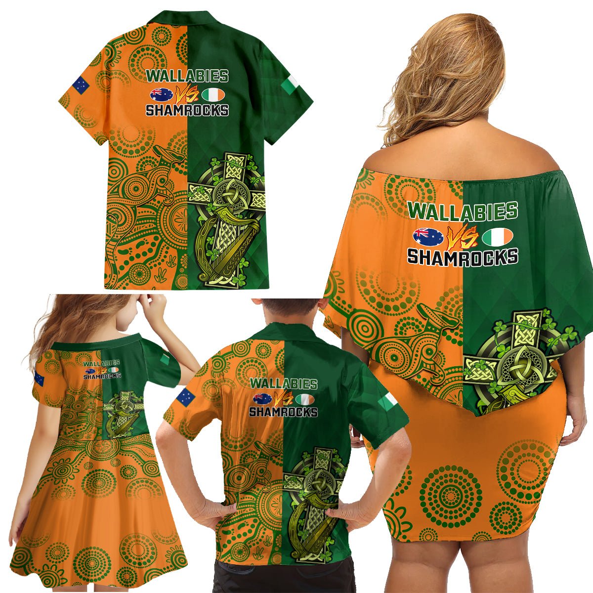 Australia And Ireland Rugby Family Matching Off Shoulder Short Dress and Hawaiian Shirt 2023 World Cup Walllabies With Shamrocks LT14