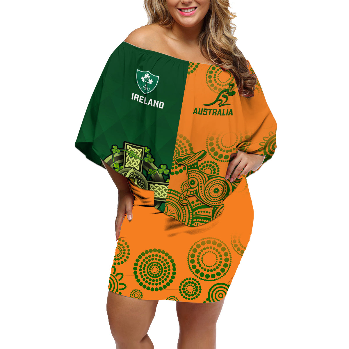 Australia And Ireland Rugby Family Matching Off Shoulder Short Dress and Hawaiian Shirt 2023 World Cup Walllabies With Shamrocks LT14