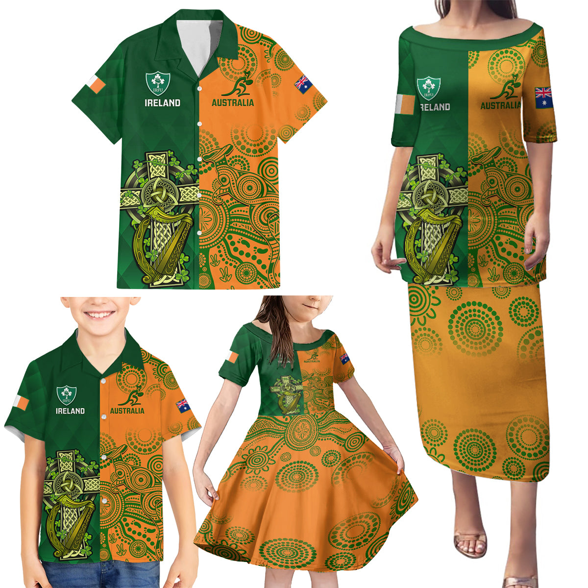 Australia And Ireland Rugby Family Matching Puletasi Dress and Hawaiian Shirt 2023 World Cup Walllabies With Shamrocks LT14