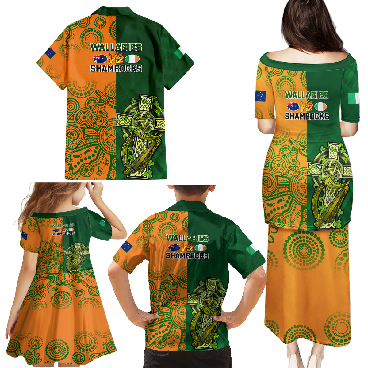 Australia And Ireland Rugby Family Matching Puletasi Dress and Hawaiian Shirt 2023 World Cup Walllabies With Shamrocks LT14