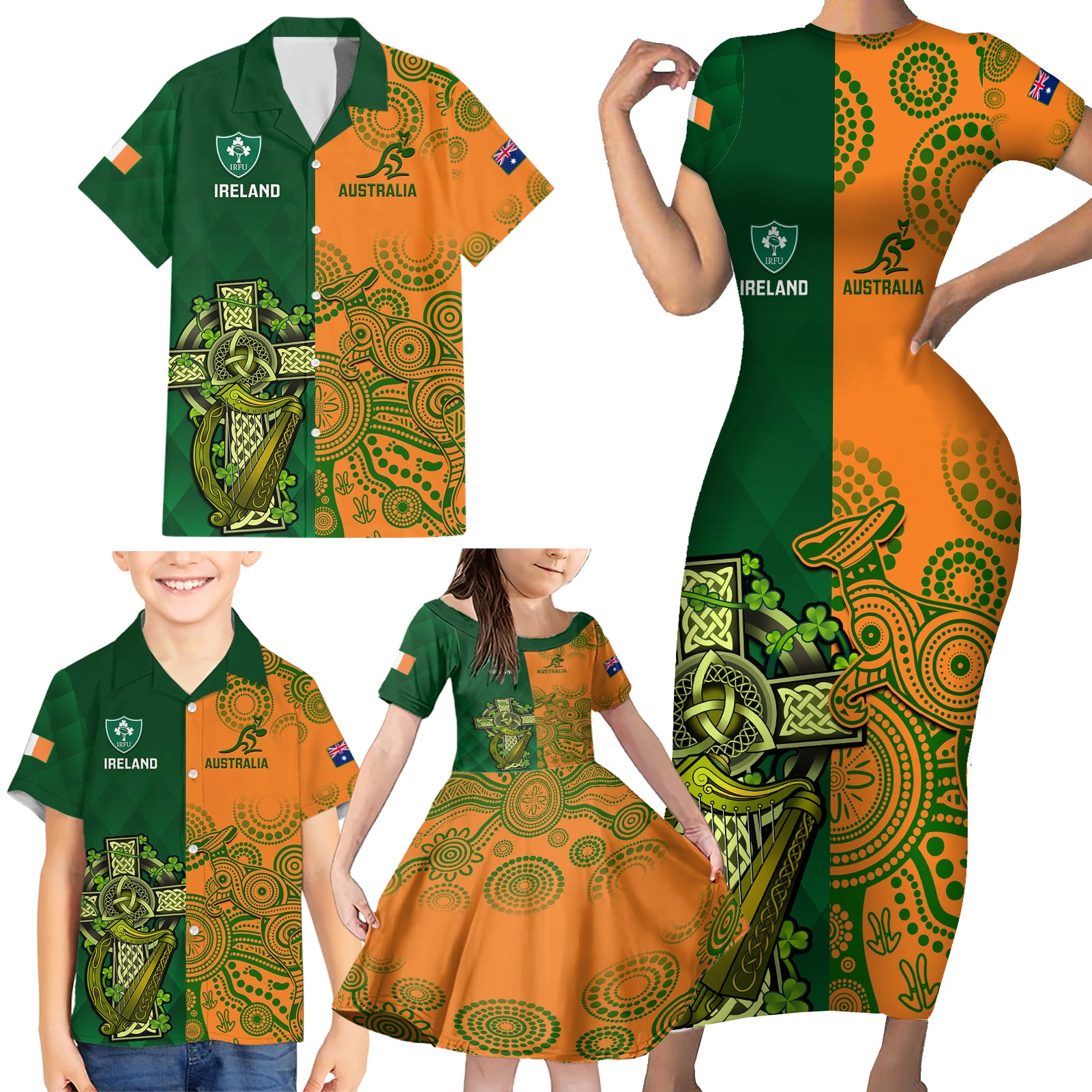 Australia And Ireland Rugby Family Matching Short Sleeve Bodycon Dress and Hawaiian Shirt 2023 World Cup Walllabies With Shamrocks LT14