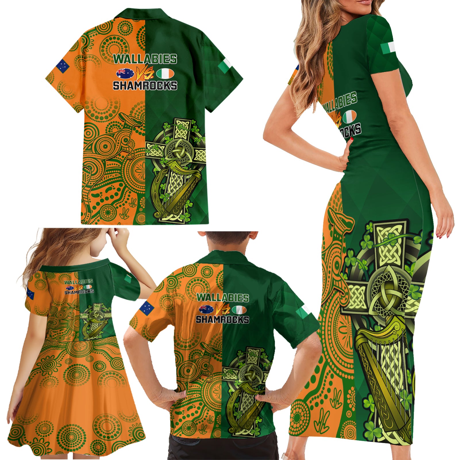 Australia And Ireland Rugby Family Matching Short Sleeve Bodycon Dress and Hawaiian Shirt 2023 World Cup Walllabies With Shamrocks LT14