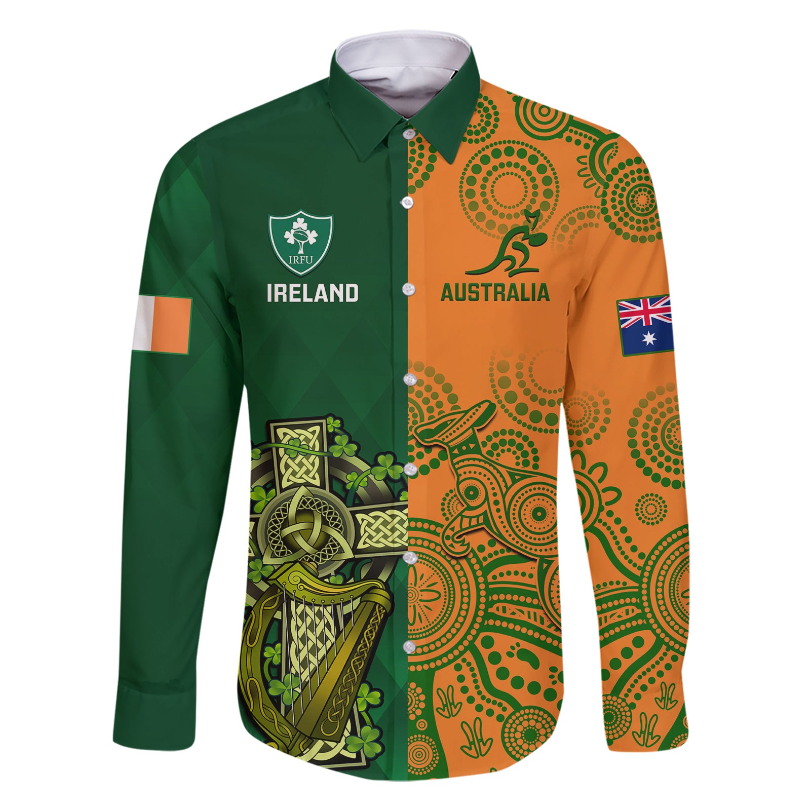 Australia And Ireland Rugby Family Matching Short Sleeve Bodycon Dress and Hawaiian Shirt 2023 World Cup Walllabies With Shamrocks LT14