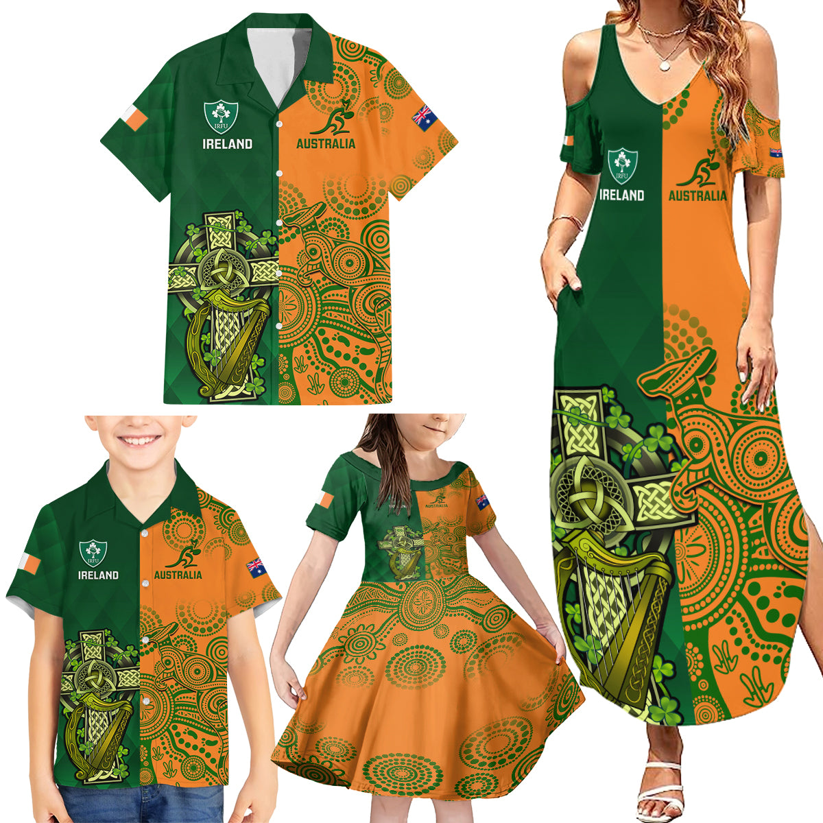 Australia And Ireland Rugby Family Matching Summer Maxi Dress and Hawaiian Shirt 2023 World Cup Walllabies With Shamrocks LT14