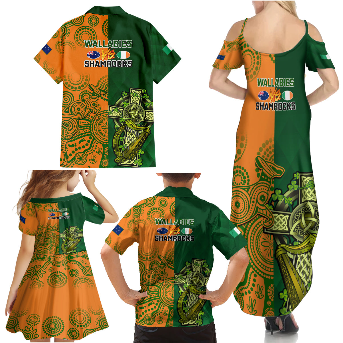 Australia And Ireland Rugby Family Matching Summer Maxi Dress and Hawaiian Shirt 2023 World Cup Walllabies With Shamrocks LT14