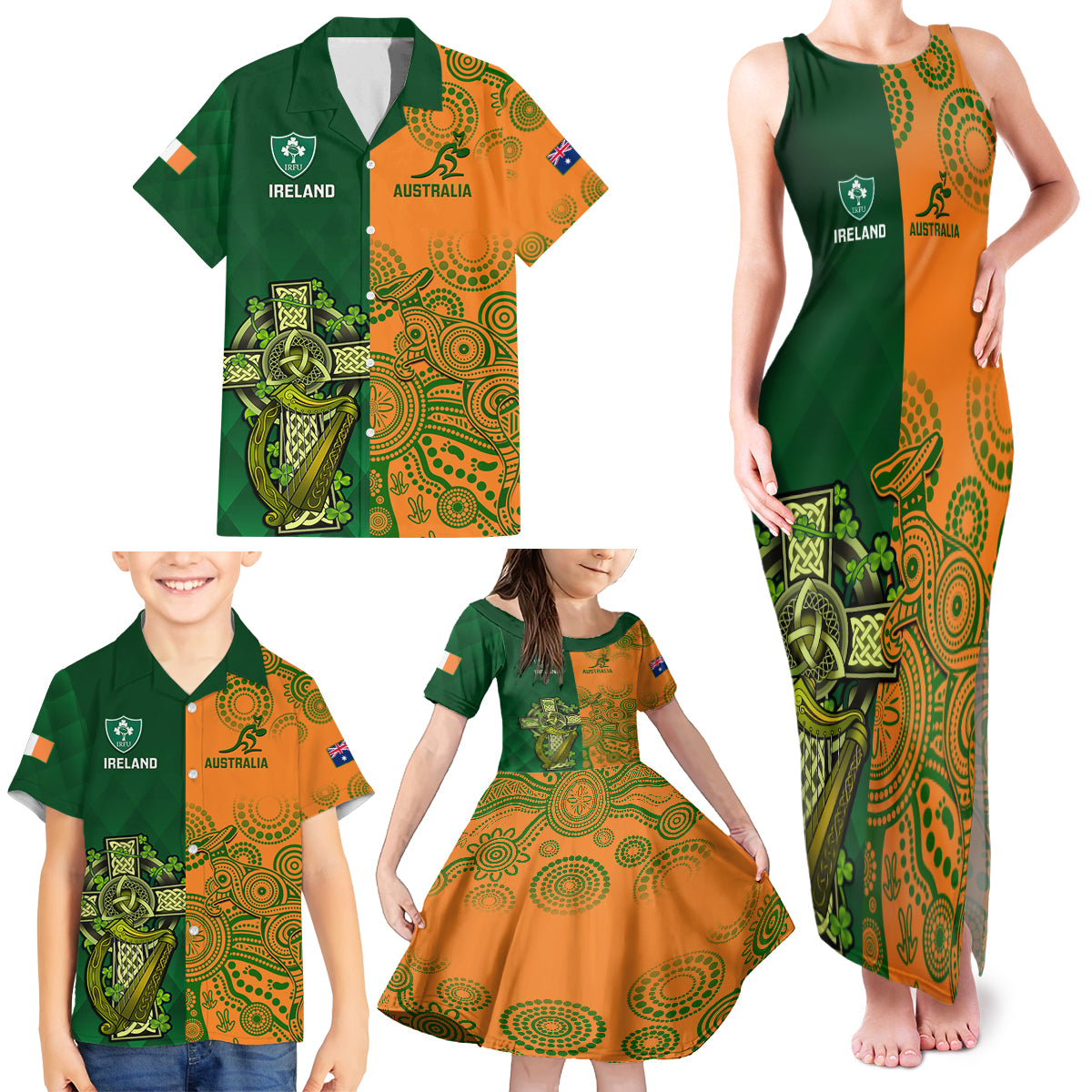 Australia And Ireland Rugby Family Matching Tank Maxi Dress and Hawaiian Shirt 2023 World Cup Walllabies With Shamrocks LT14