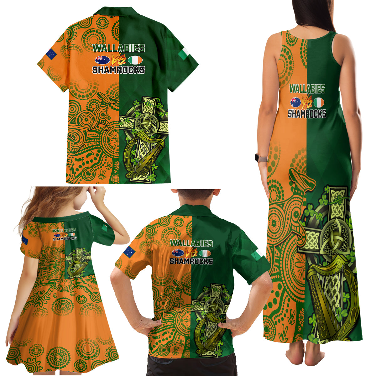 Australia And Ireland Rugby Family Matching Tank Maxi Dress and Hawaiian Shirt 2023 World Cup Walllabies With Shamrocks LT14