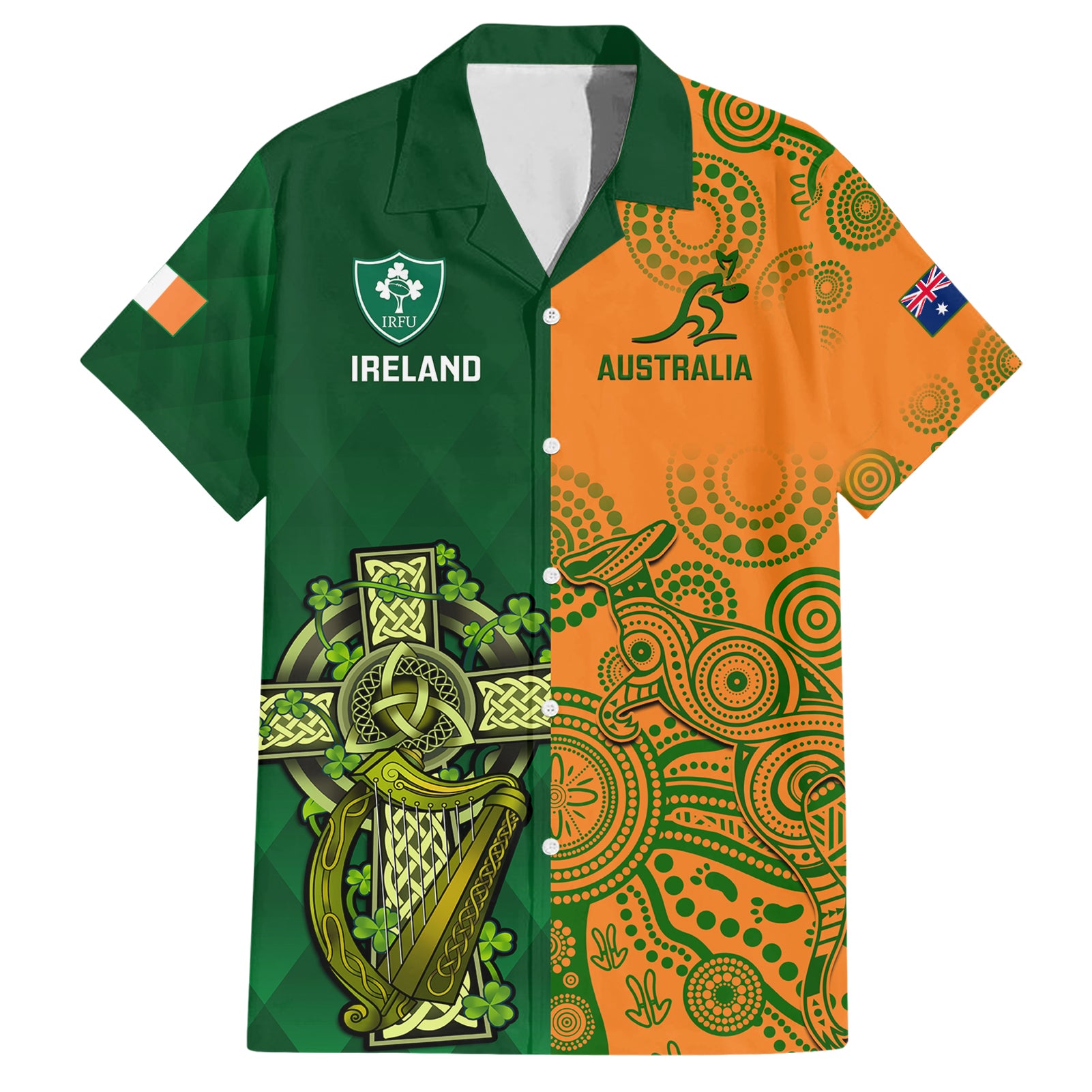 Australia And Ireland Rugby Hawaiian Shirt 2023 World Cup Walllabies With Shamrocks - Vibe Hoodie Shop