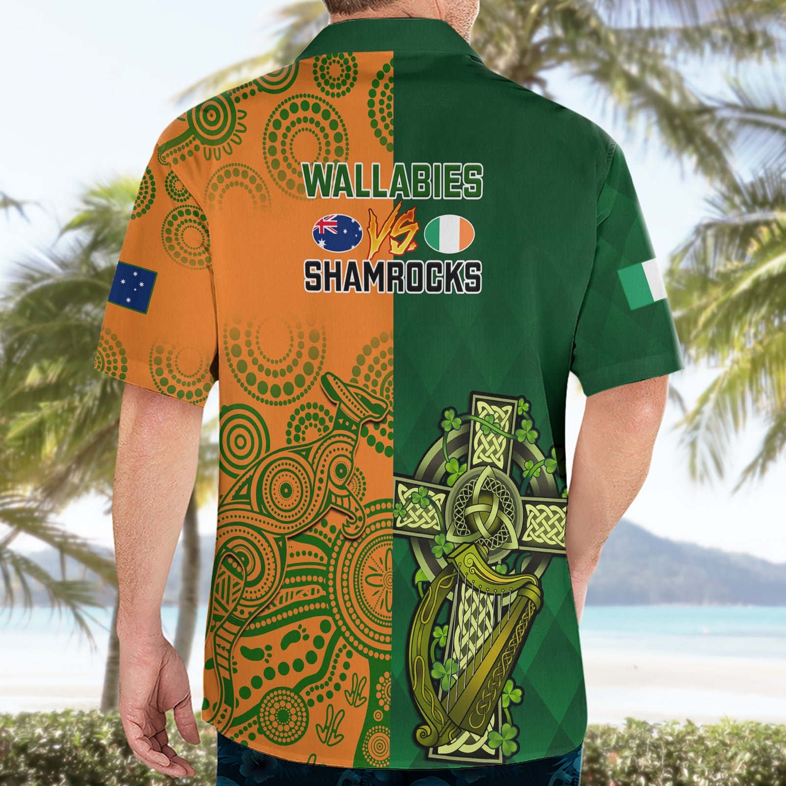 Australia And Ireland Rugby Hawaiian Shirt 2023 World Cup Walllabies With Shamrocks - Vibe Hoodie Shop