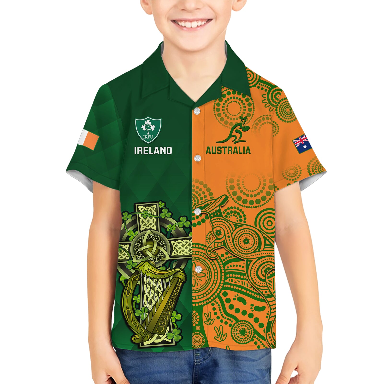 Australia And Ireland Rugby Hawaiian Shirt 2023 World Cup Walllabies With Shamrocks - Vibe Hoodie Shop