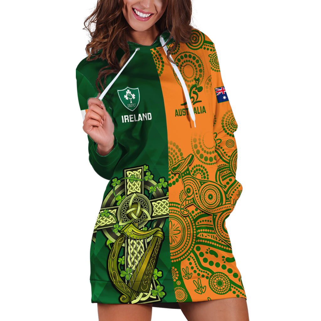 Australia And Ireland Rugby Hoodie Dress 2023 World Cup Walllabies With Shamrocks - Vibe Hoodie Shop