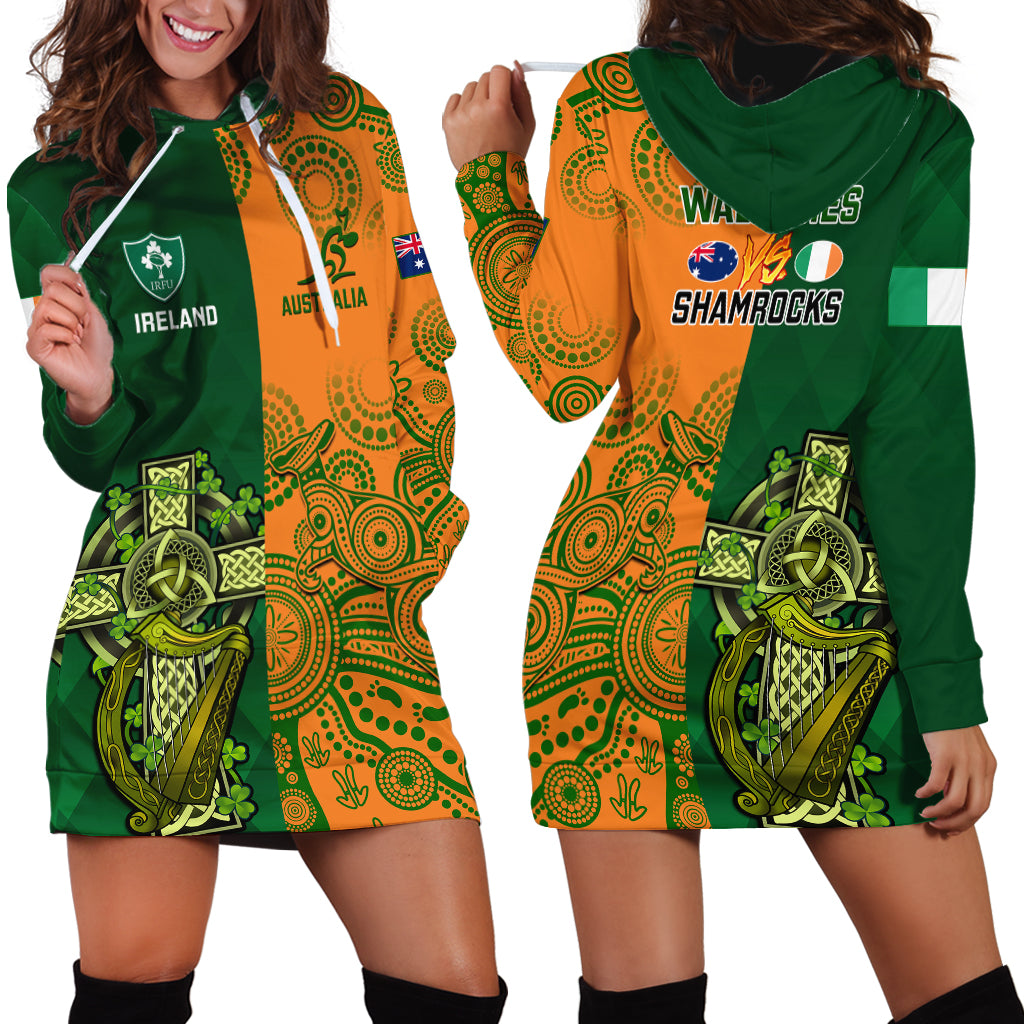 Australia And Ireland Rugby Hoodie Dress 2023 World Cup Walllabies With Shamrocks - Vibe Hoodie Shop