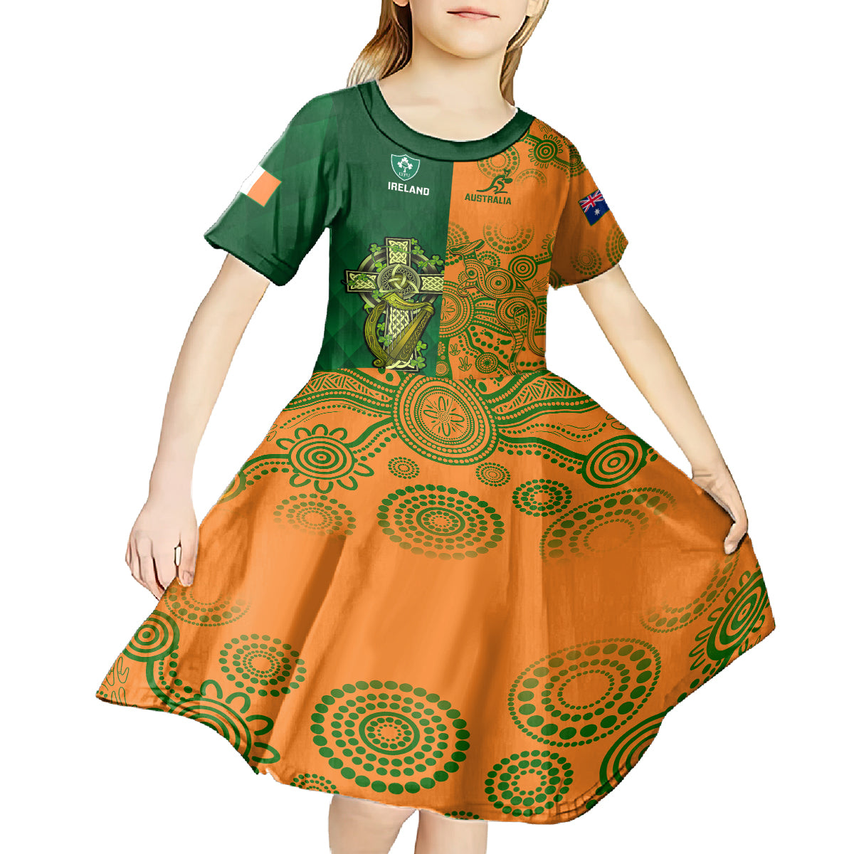 Australia And Ireland Rugby Kid Short Sleeve Dress 2023 World Cup Walllabies With Shamrocks - Vibe Hoodie Shop