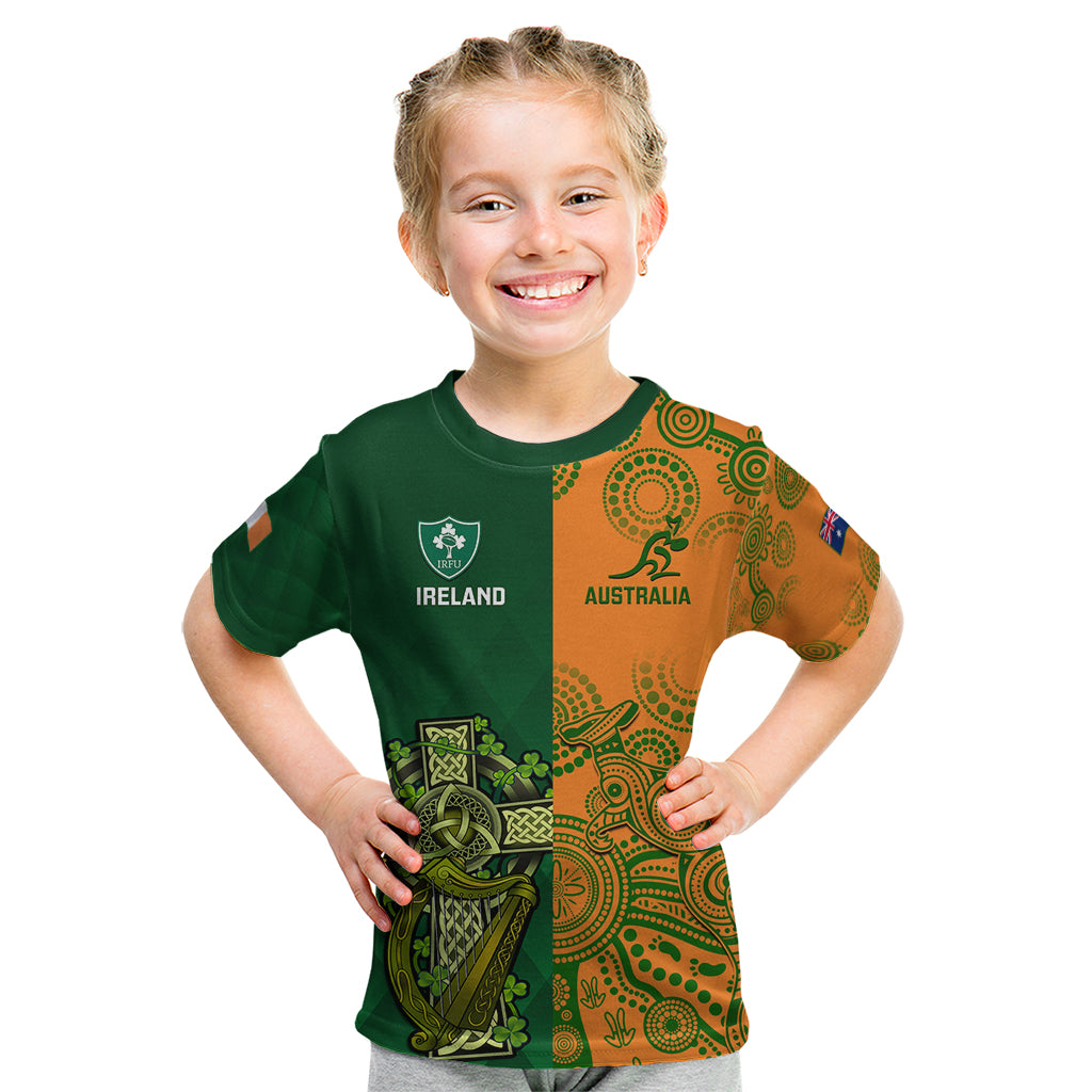 Australia And Ireland Rugby Kid T Shirt 2023 World Cup Walllabies With Shamrocks - Vibe Hoodie Shop