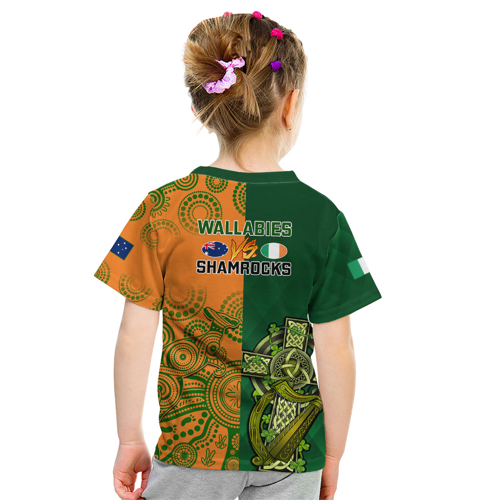 Australia And Ireland Rugby Kid T Shirt 2023 World Cup Walllabies With Shamrocks - Vibe Hoodie Shop