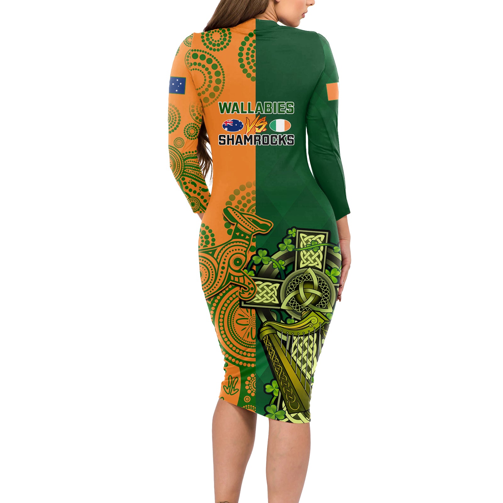 Australia And Ireland Rugby Long Sleeve Bodycon Dress 2023 World Cup Walllabies With Shamrocks LT14