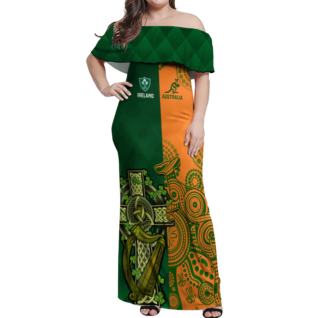 Australia And Ireland Rugby Off Shoulder Maxi Dress 2023 World Cup Walllabies With Shamrocks LT14