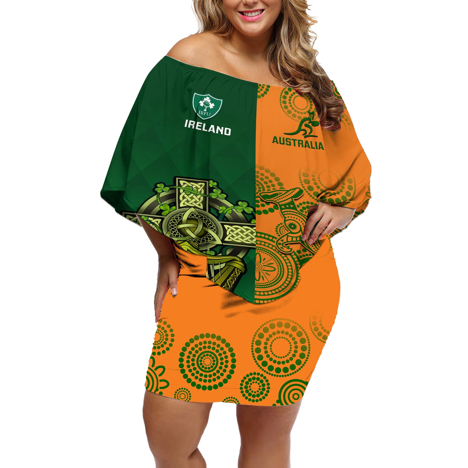 Australia And Ireland Rugby Off Shoulder Short Dress 2023 World Cup Walllabies With Shamrocks LT14