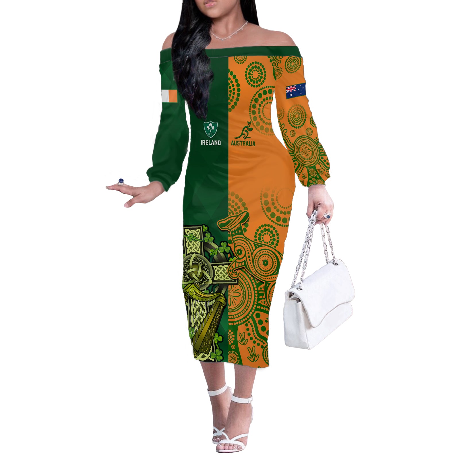 Australia And Ireland Rugby Off The Shoulder Long Sleeve Dress 2023 World Cup Walllabies With Shamrocks LT14