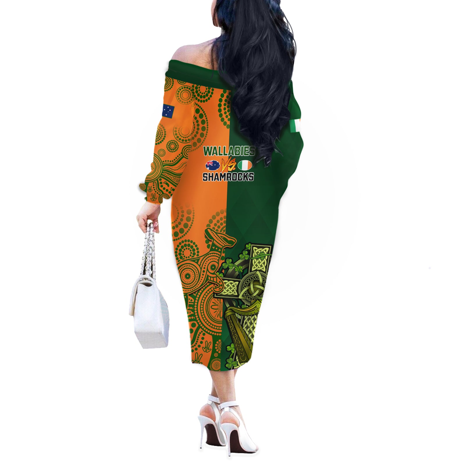 Australia And Ireland Rugby Off The Shoulder Long Sleeve Dress 2023 World Cup Walllabies With Shamrocks LT14