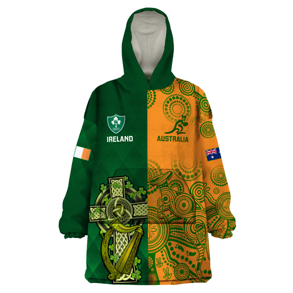 Australia And Ireland Rugby Wearable Blanket Hoodie 2023 World Cup Walllabies With Shamrocks - Vibe Hoodie Shop