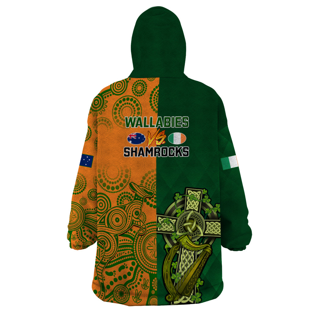 Australia And Ireland Rugby Wearable Blanket Hoodie 2023 World Cup Walllabies With Shamrocks - Vibe Hoodie Shop