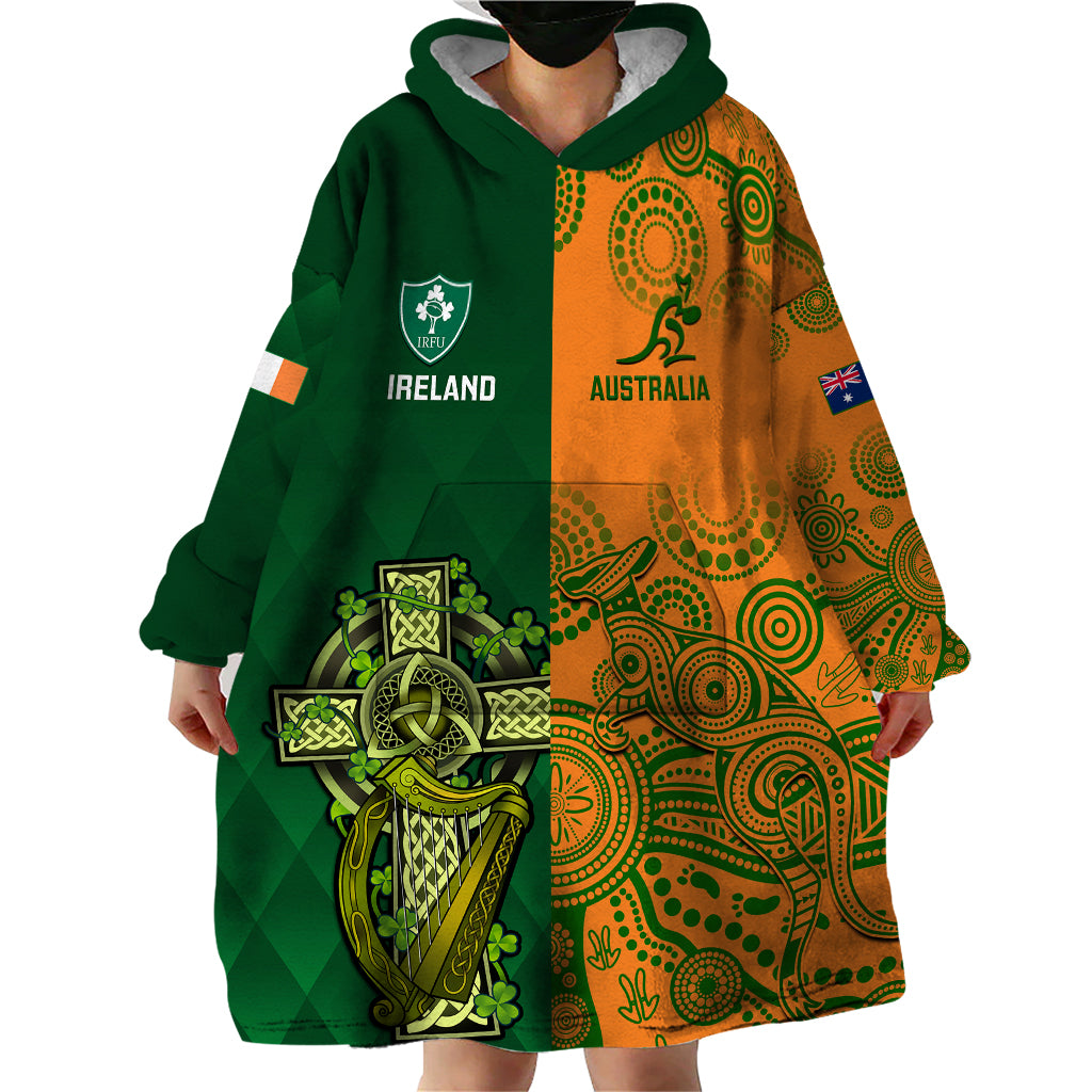 Australia And Ireland Rugby Wearable Blanket Hoodie 2023 World Cup Walllabies With Shamrocks - Vibe Hoodie Shop