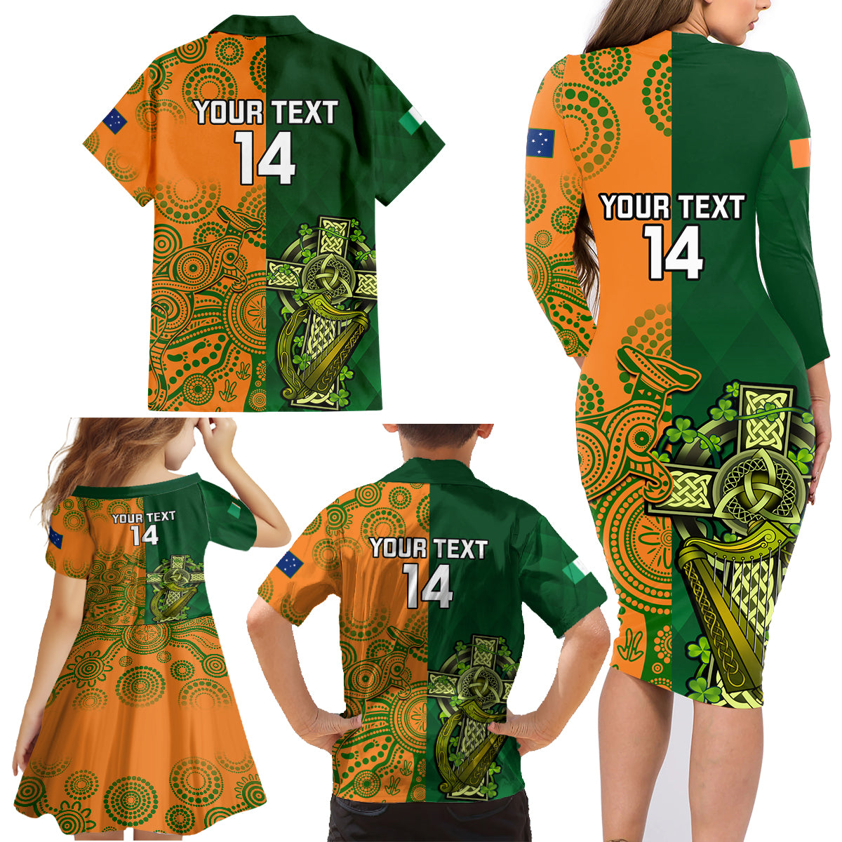 custom-australia-and-ireland-rugby-family-matching-long-sleeve-bodycon-dress-and-hawaiian-shirt-2023-world-cup-walllabies-with-shamrocks