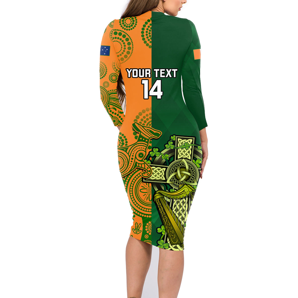 custom-australia-and-ireland-rugby-family-matching-long-sleeve-bodycon-dress-and-hawaiian-shirt-2023-world-cup-walllabies-with-shamrocks