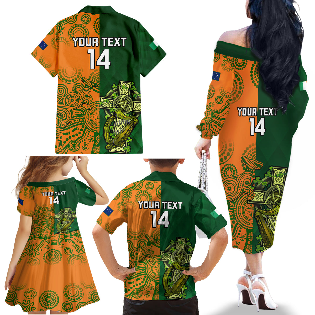 custom-australia-and-ireland-rugby-family-matching-off-shoulder-long-sleeve-dress-and-hawaiian-shirt-2023-world-cup-walllabies-with-shamrocks