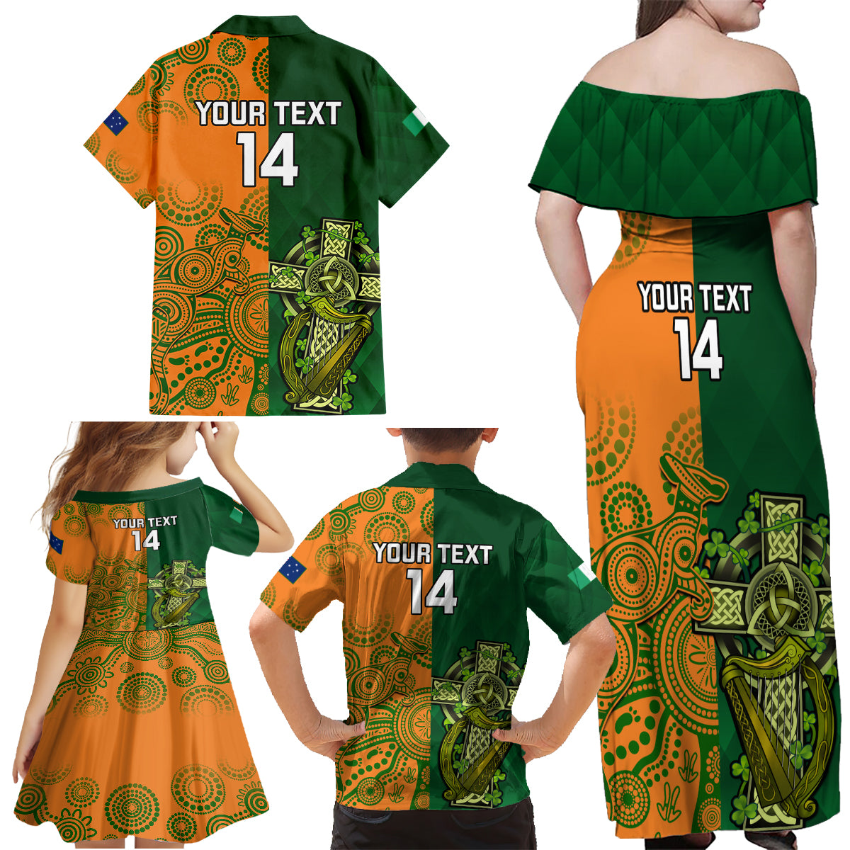 custom-australia-and-ireland-rugby-family-matching-off-shoulder-maxi-dress-and-hawaiian-shirt-2023-world-cup-walllabies-with-shamrocks