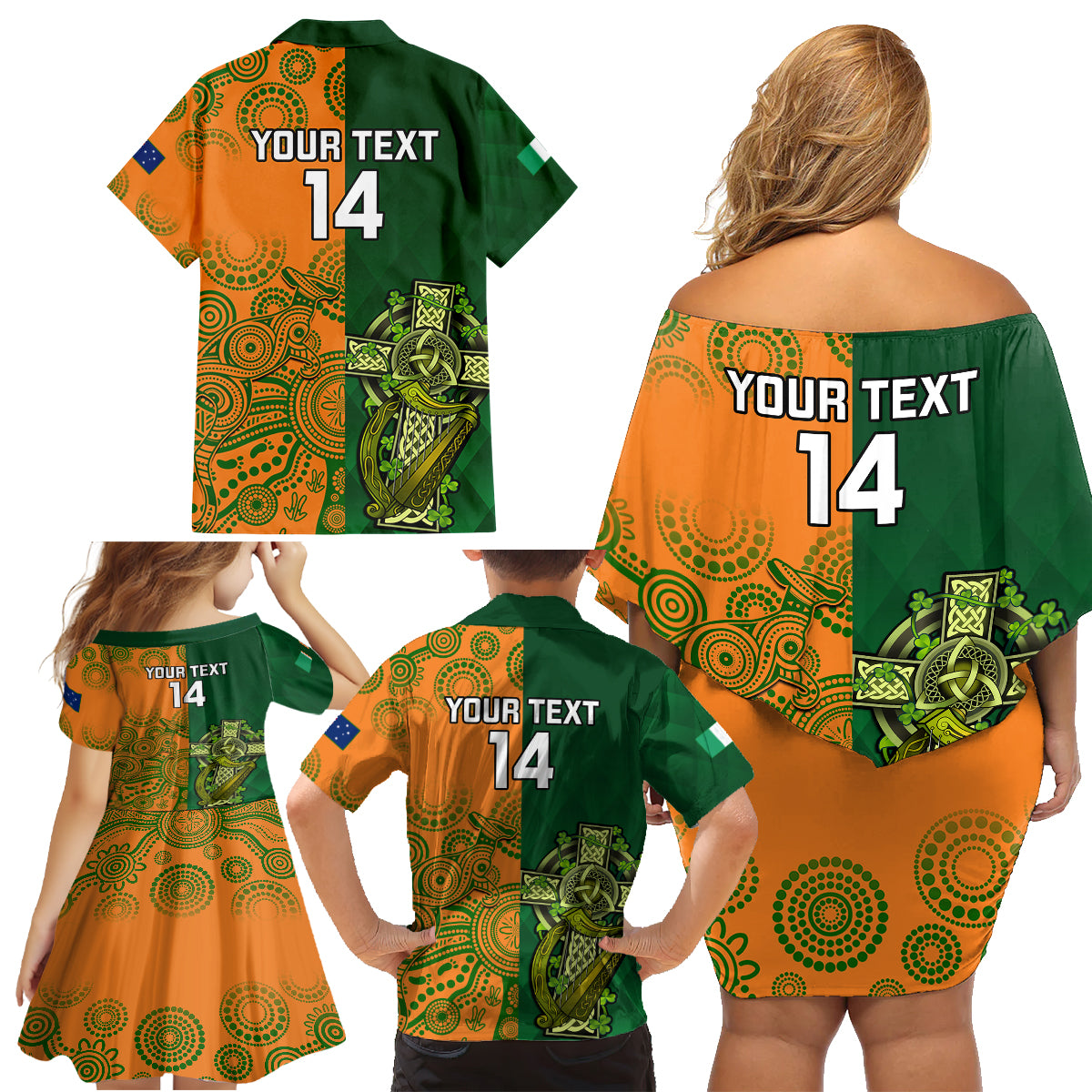 custom-australia-and-ireland-rugby-family-matching-off-shoulder-short-dress-and-hawaiian-shirt-2023-world-cup-walllabies-with-shamrocks