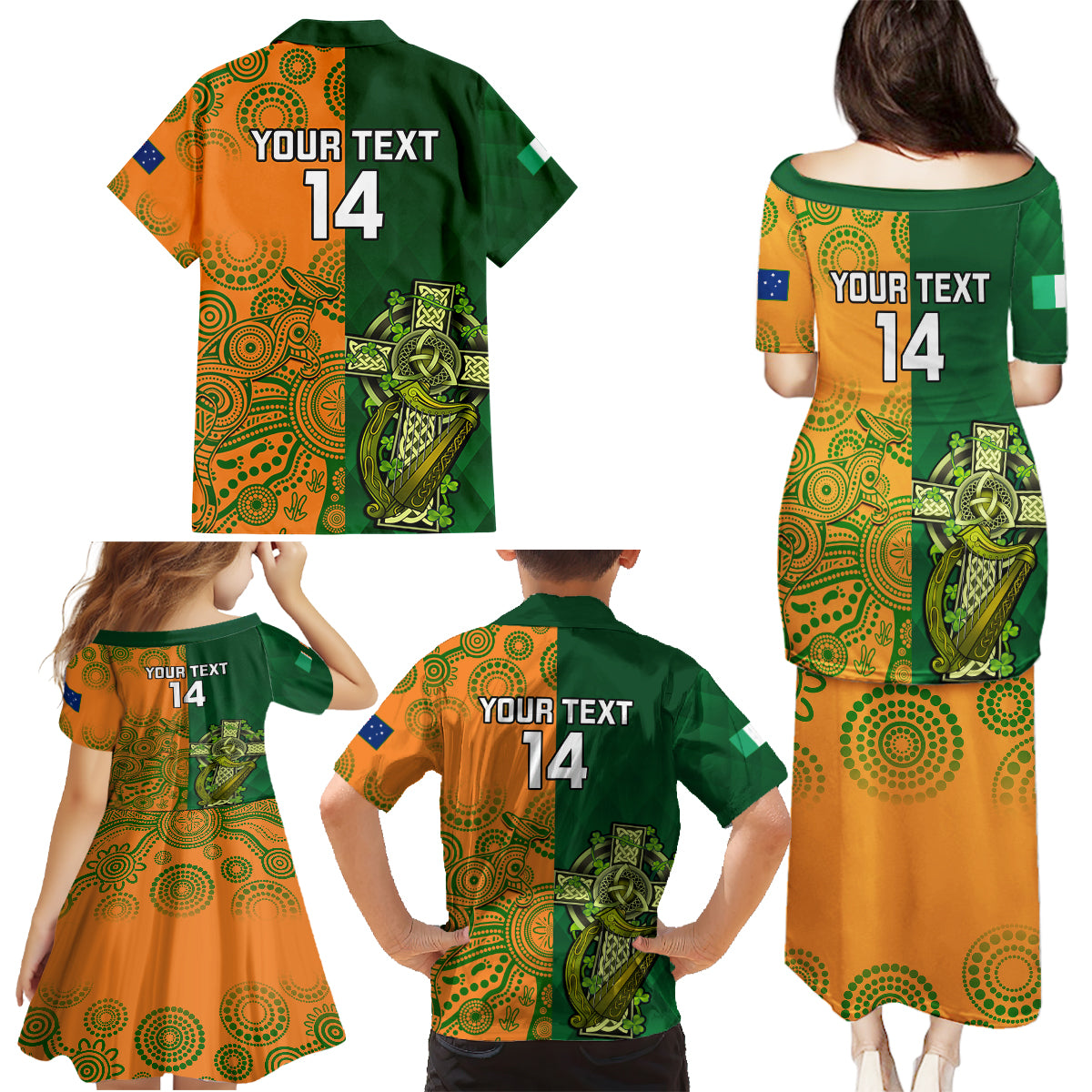 custom-australia-and-ireland-rugby-family-matching-puletasi-dress-and-hawaiian-shirt-2023-world-cup-walllabies-with-shamrocks