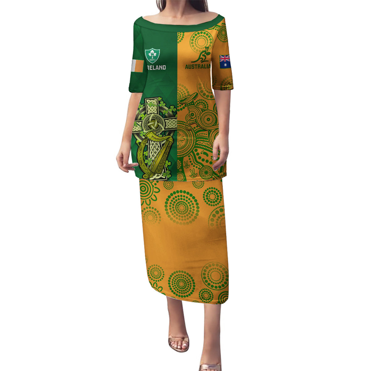 custom-australia-and-ireland-rugby-family-matching-puletasi-dress-and-hawaiian-shirt-2023-world-cup-walllabies-with-shamrocks