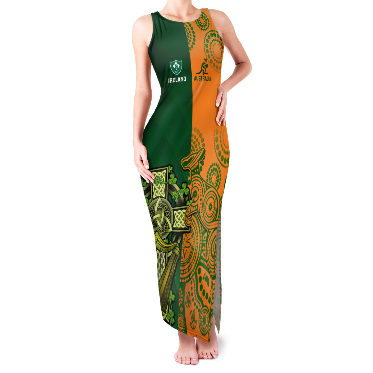 custom-australia-and-ireland-rugby-family-matching-tank-maxi-dress-and-hawaiian-shirt-2023-world-cup-walllabies-with-shamrocks