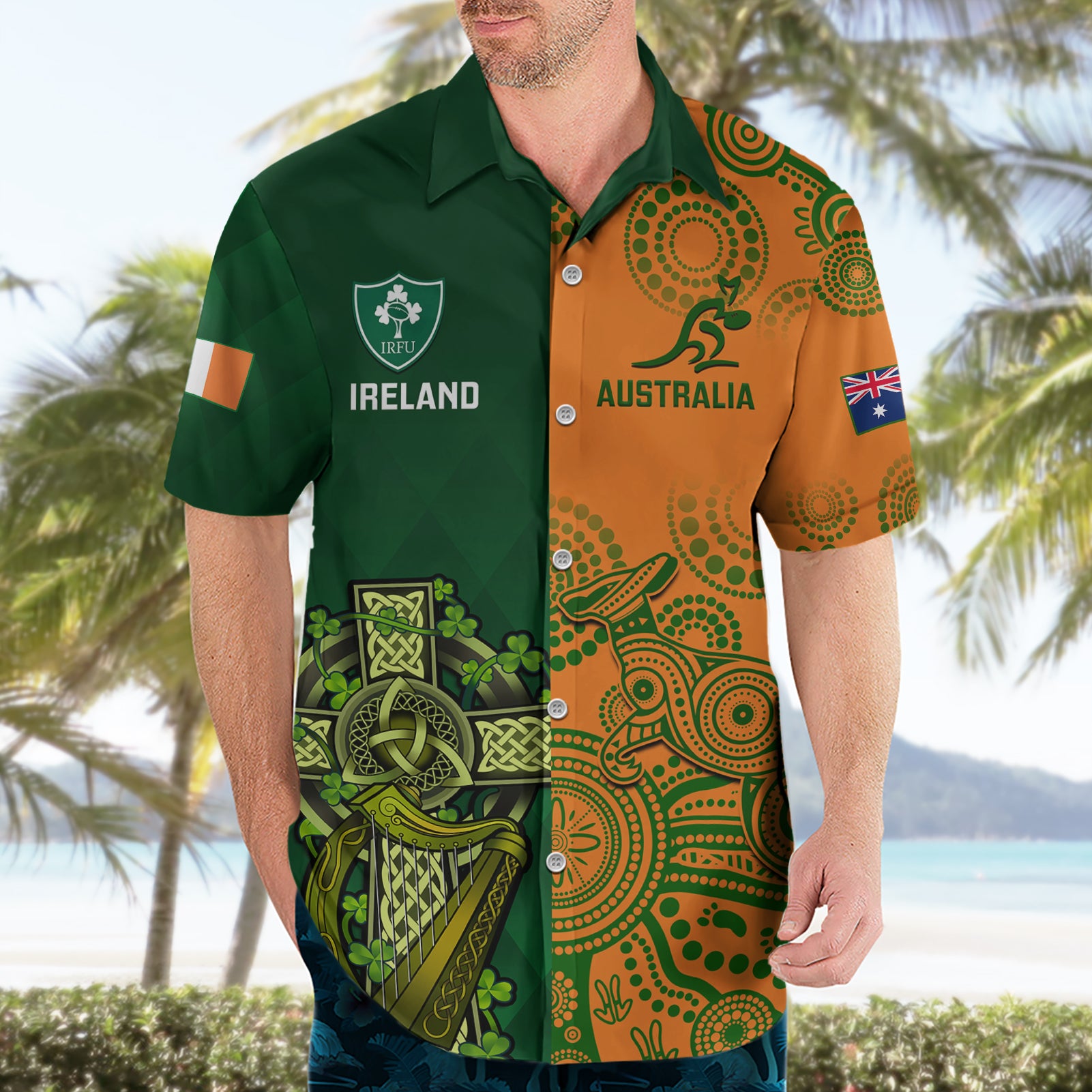Custom Australia And Ireland Rugby Hawaiian Shirt 2023 World Cup Walllabies With Shamrocks - Vibe Hoodie Shop