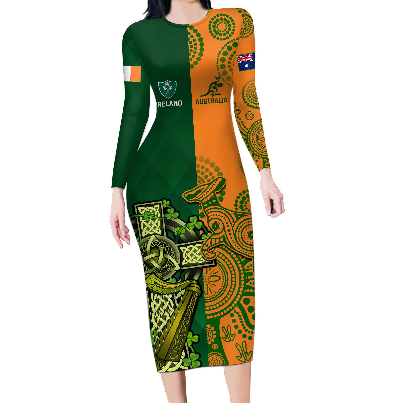 custom-australia-and-ireland-rugby-long-sleeve-bodycon-dress-2023-world-cup-walllabies-with-shamrocks