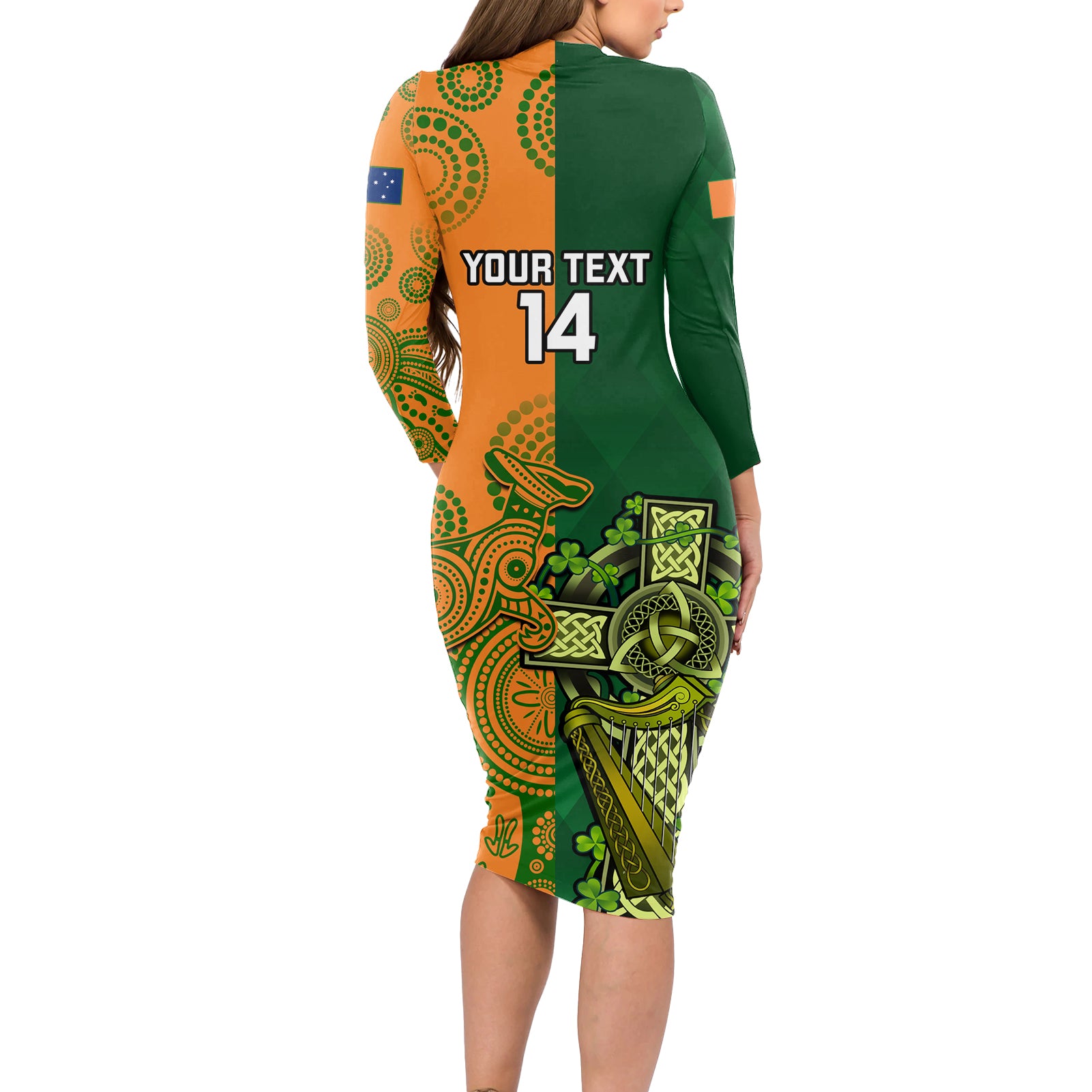 custom-australia-and-ireland-rugby-long-sleeve-bodycon-dress-2023-world-cup-walllabies-with-shamrocks