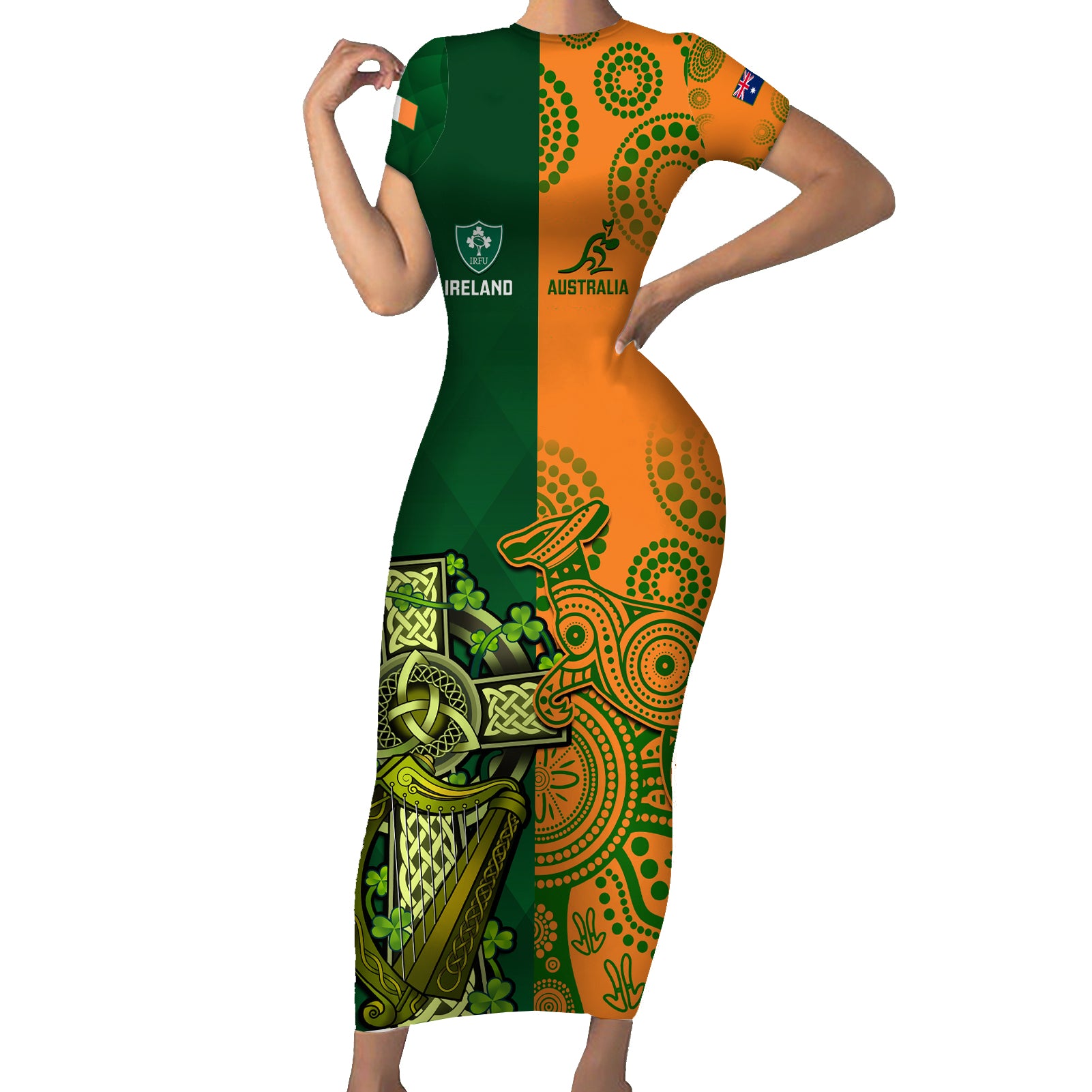 custom-australia-and-ireland-rugby-short-sleeve-bodycon-dress-2023-world-cup-walllabies-with-shamrocks