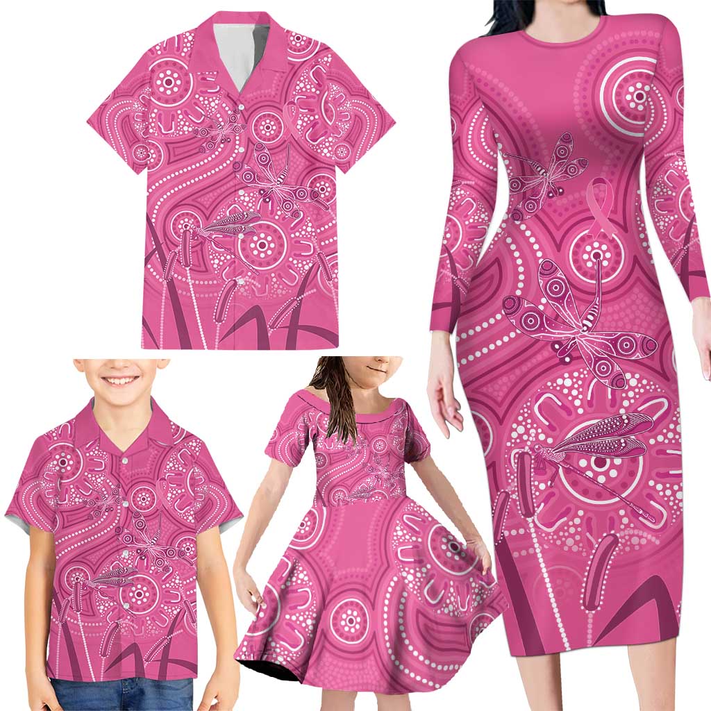 Australia Indigenous Pink Month Family Matching Long Sleeve Bodycon Dress and Hawaiian Shirt Breast Cancer Aboriginal Dragonflies Ribbon - Vibe Hoodie