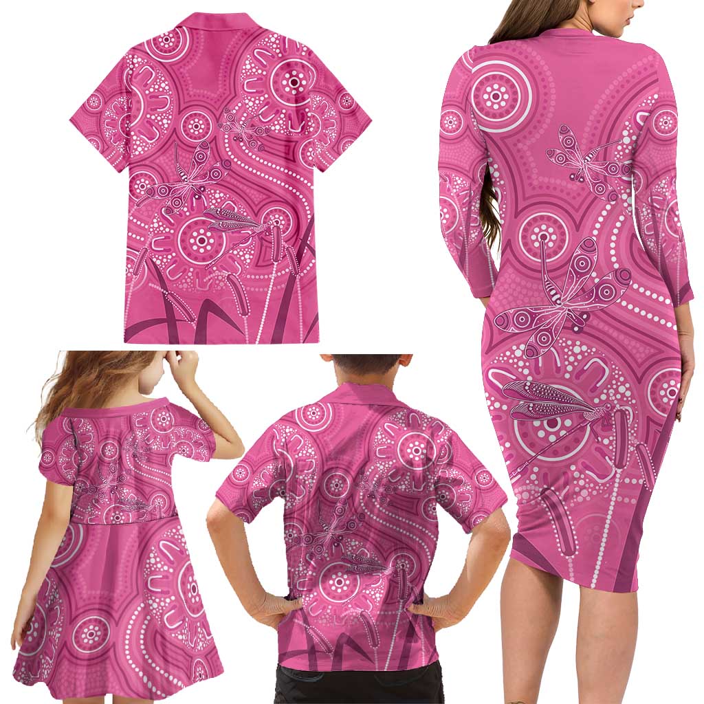 Australia Indigenous Pink Month Family Matching Long Sleeve Bodycon Dress and Hawaiian Shirt Breast Cancer Aboriginal Dragonflies Ribbon - Vibe Hoodie