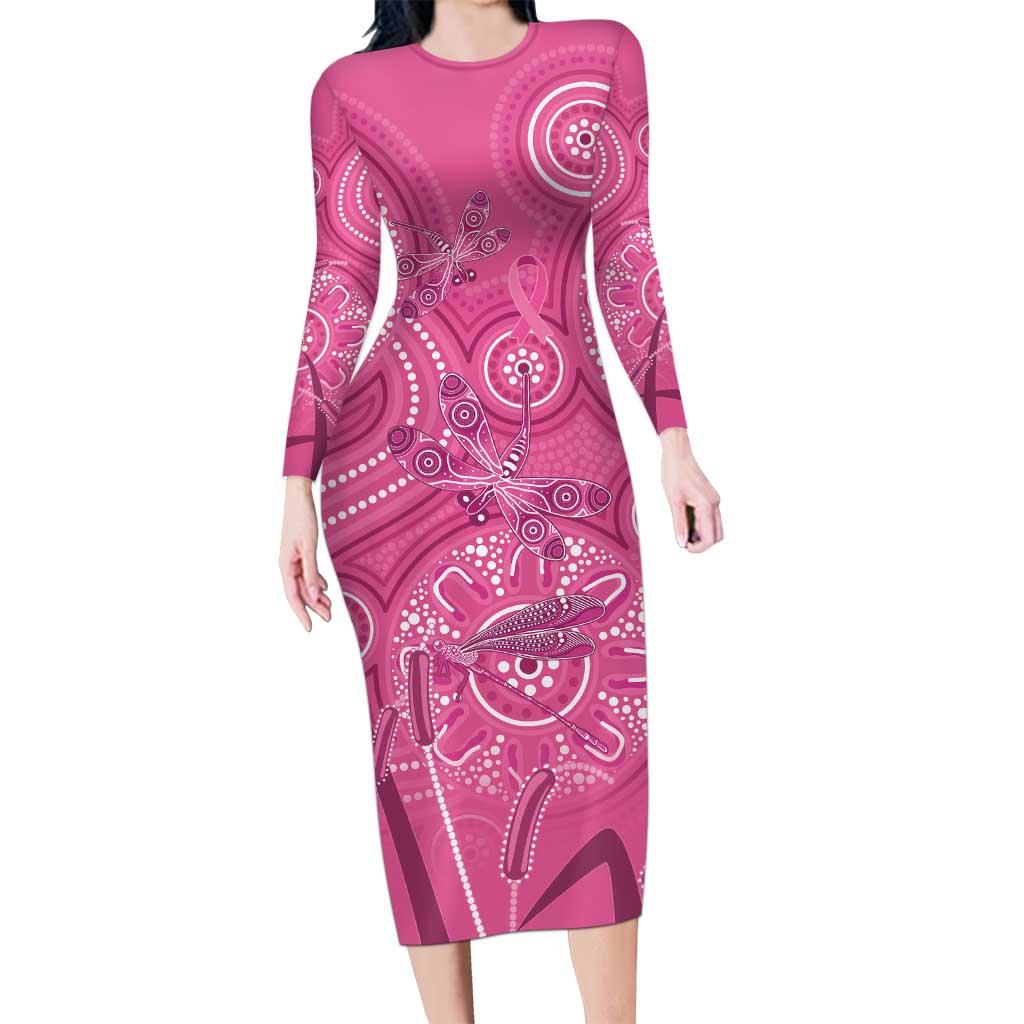 Australia Indigenous Pink Month Family Matching Long Sleeve Bodycon Dress and Hawaiian Shirt Breast Cancer Aboriginal Dragonflies Ribbon - Vibe Hoodie