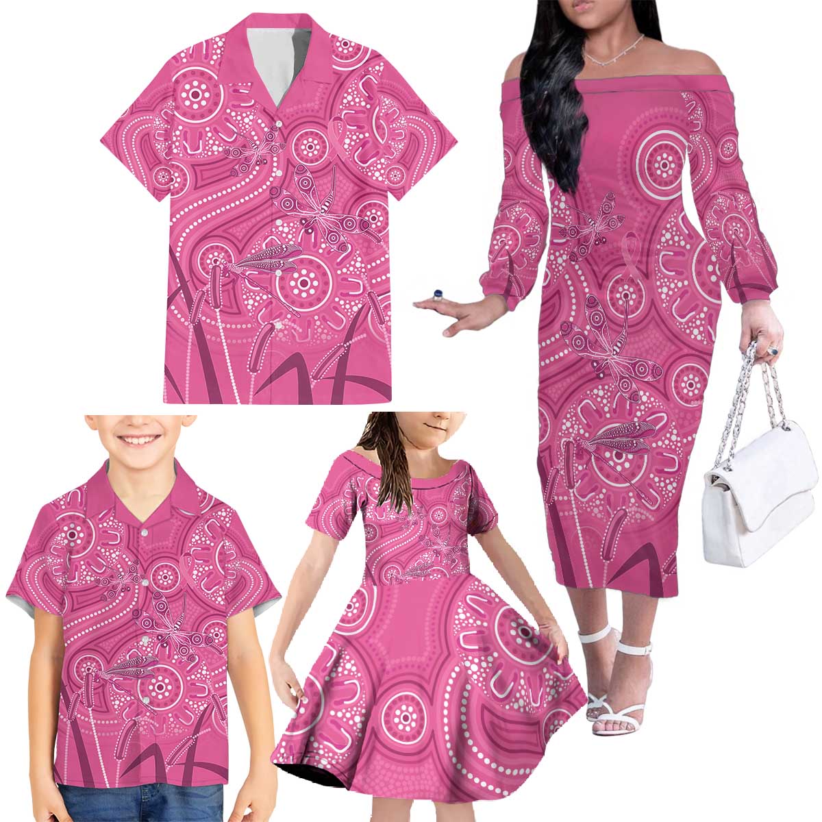 Australia Indigenous Pink Month Family Matching Off The Shoulder Long Sleeve Dress and Hawaiian Shirt Breast Cancer Aboriginal Dragonflies Ribbon - Vibe Hoodie