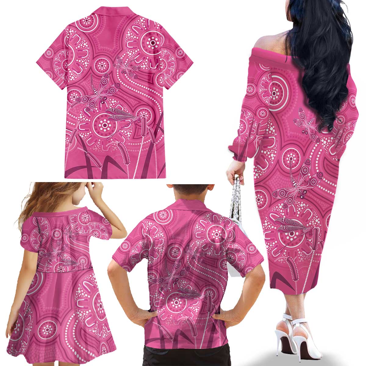 Australia Indigenous Pink Month Family Matching Off The Shoulder Long Sleeve Dress and Hawaiian Shirt Breast Cancer Aboriginal Dragonflies Ribbon - Vibe Hoodie