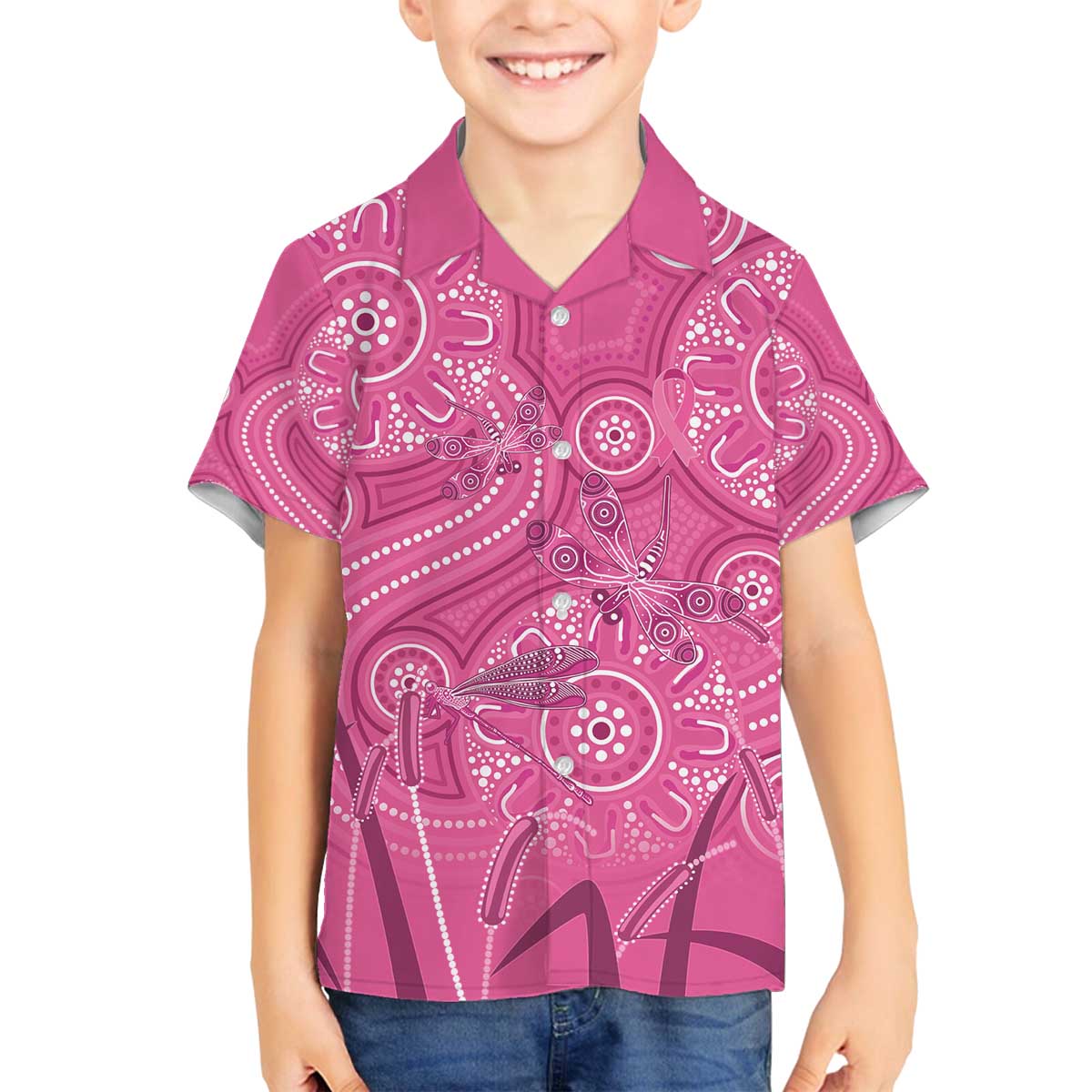 Australia Indigenous Pink Month Family Matching Off The Shoulder Long Sleeve Dress and Hawaiian Shirt Breast Cancer Aboriginal Dragonflies Ribbon - Vibe Hoodie