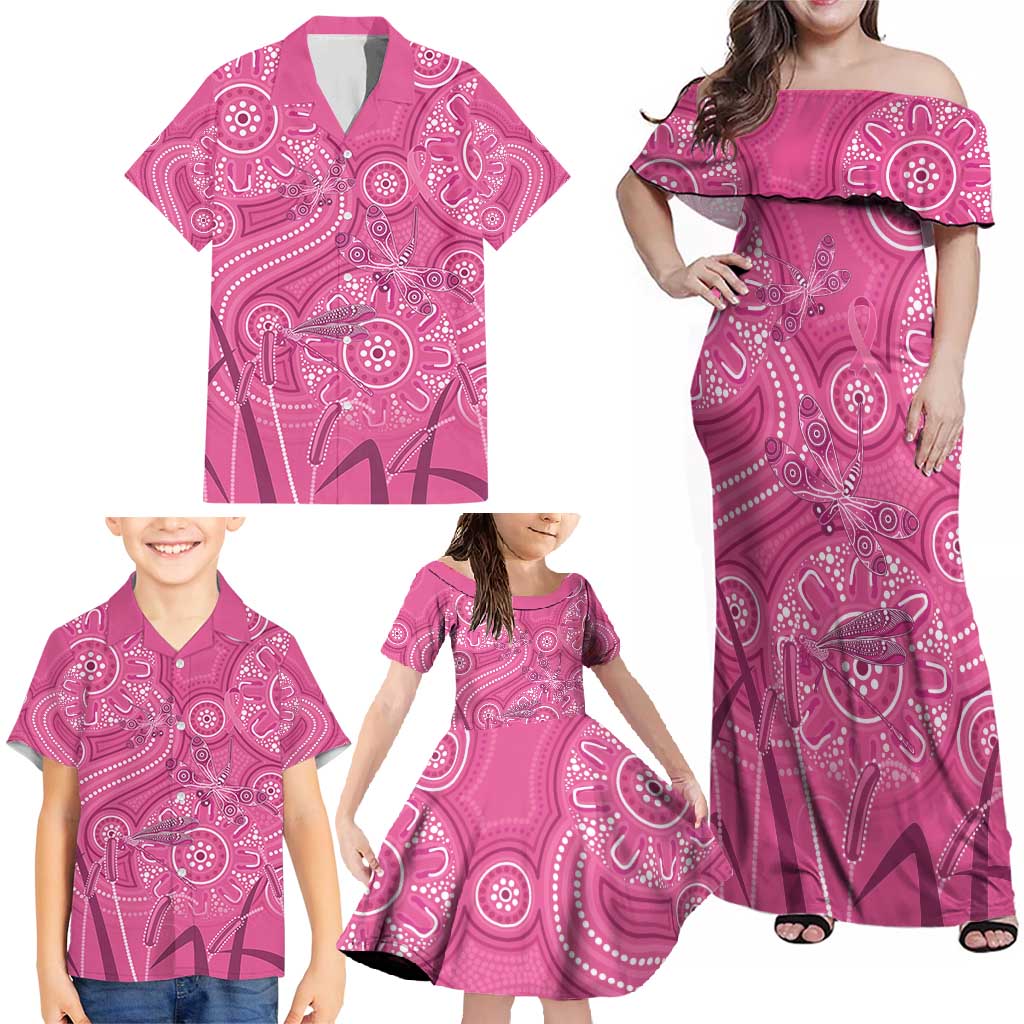 Australia Indigenous Pink Month Family Matching Off Shoulder Maxi Dress and Hawaiian Shirt Breast Cancer Aboriginal Dragonflies Ribbon - Vibe Hoodie